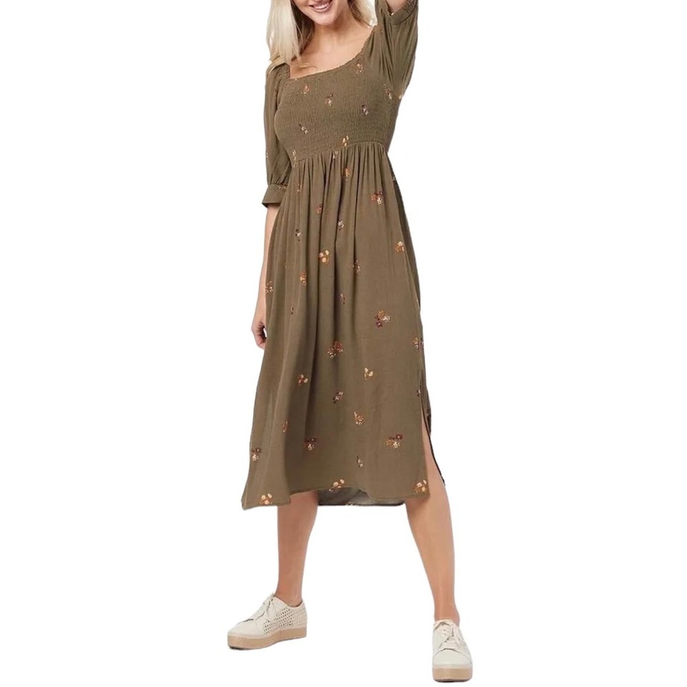 All Worthy by Hunter McGrady Olive Green Floral Smocked Midi Dress